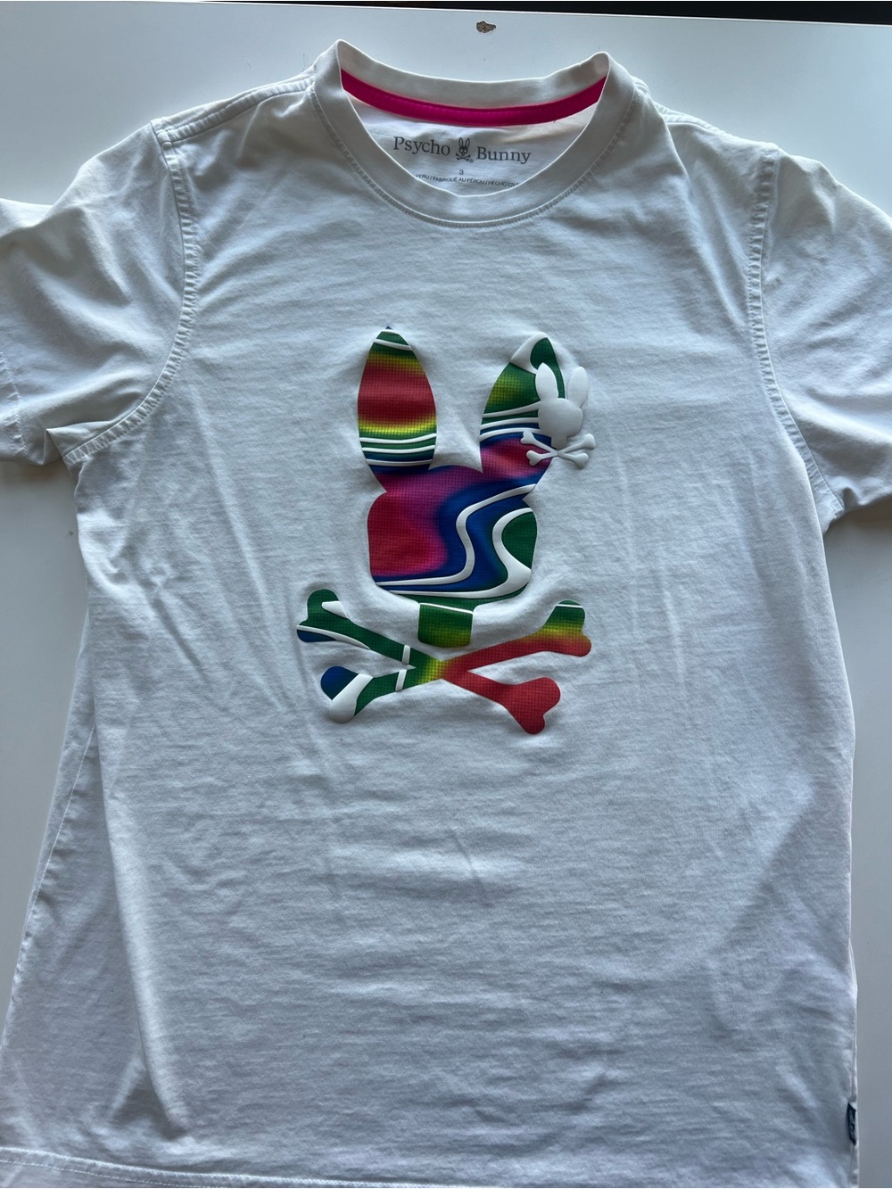 Psycho Bunny Size 3 White Tee with Multicolor Striped Bunny Skull
